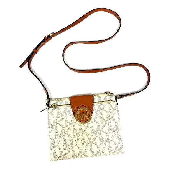 Michael Kors Fulton Small Saffiano Leather Messenger Bag Vanilla Acorn Neutral - Picture 3 of 12